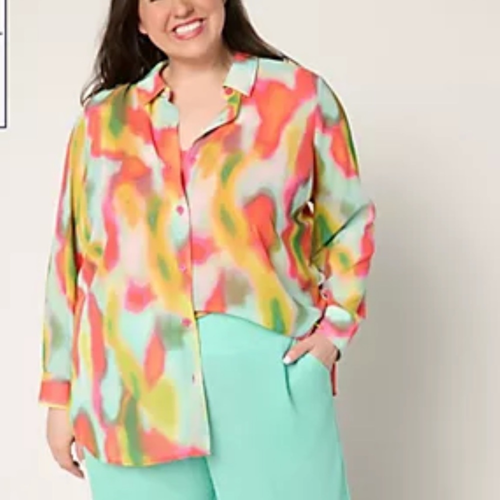 INC International Concepts Multi-Color Abstract Button-Up Sheer Blouse
